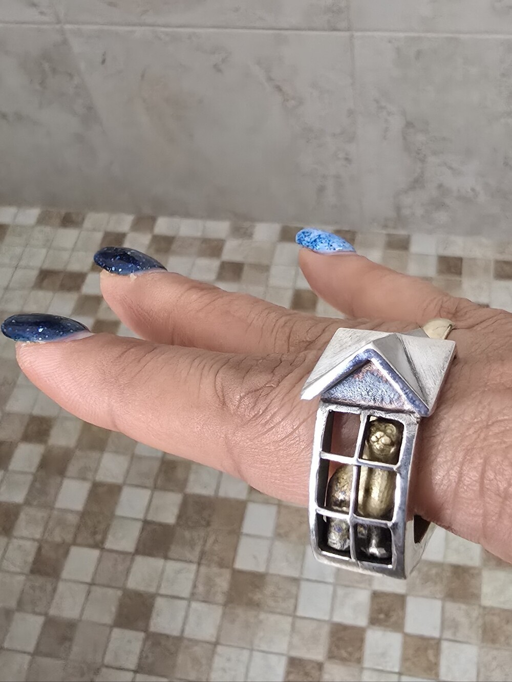 Sterling Silver Architectural House Ring with Gold Accents